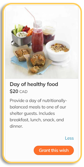 Example of a crowdfunding campaign wish as it would show in a wishlist. It reads: Day of healthy food, $20, Provide a day of nutritionally-balanced meals for one of our shelter guests. Includes breakfast, lunch, snack and dinner.