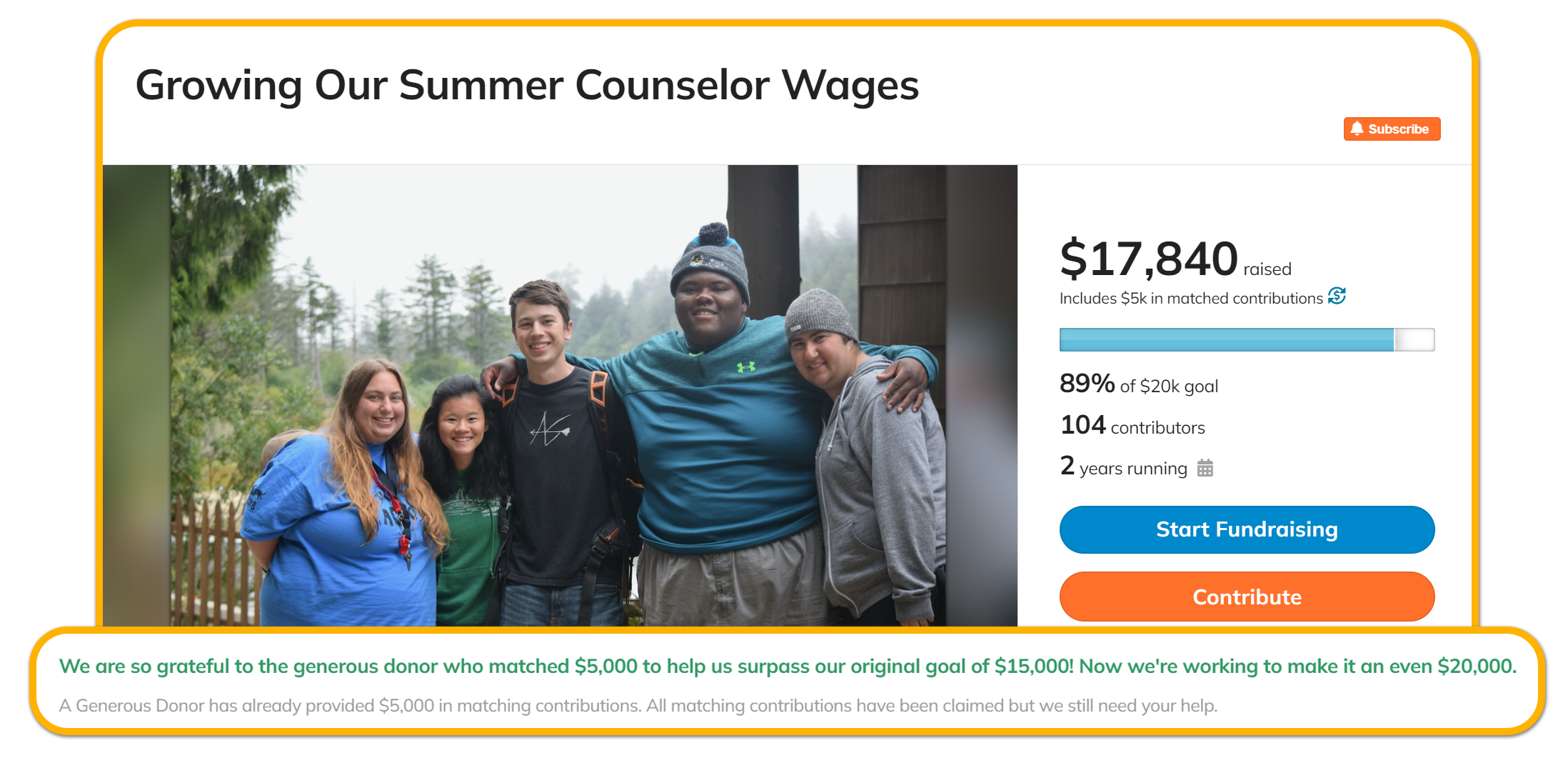 Screenshot of example campaign cover image for "Growing our summer counselor wages"