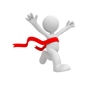 3D image of a white generic human-shaped cartoon with a red ribbon around their waist and their hands in the air, looking like they just crossed the finish line first in a race