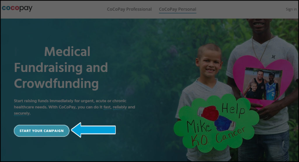 Screenshot of Cocopay personal page with 'start your campaign' highlighted