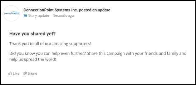 A screenshot of a message on a campaign's activity feed, indicating the update was posted by the organization running the campaign