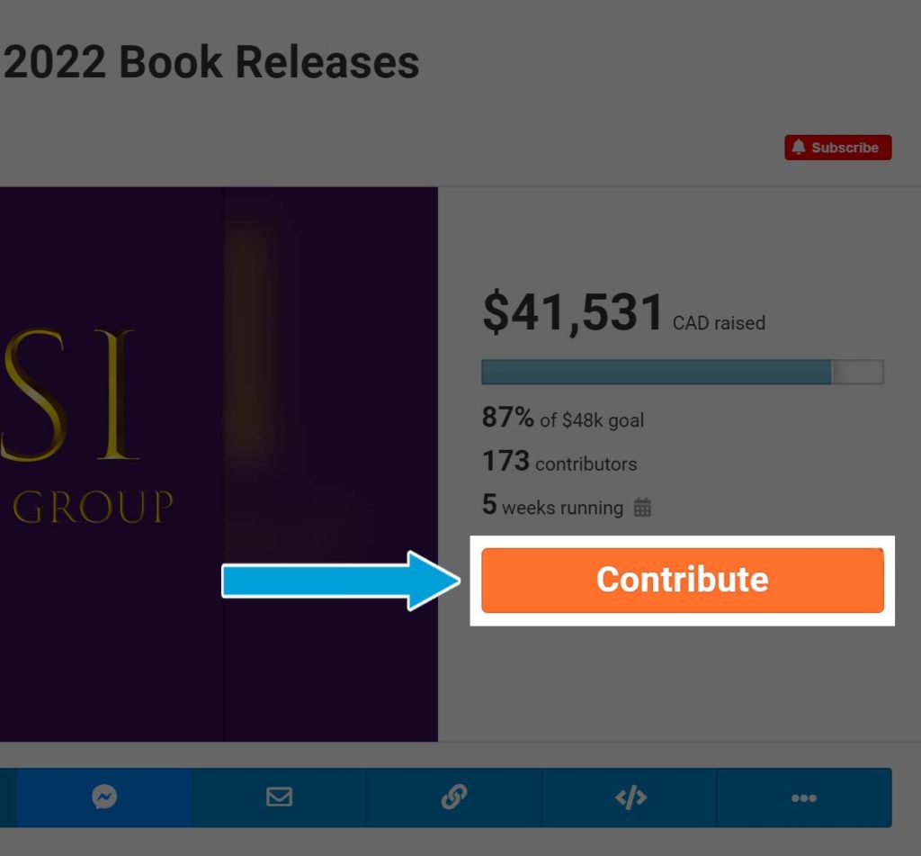 Screenshot of part of a campaign, showing the Contribute button highlighted with a blue arrow pointing toward it. On campaigns, the button to contribute will usually live to the right of the media gallery in desktop mode.