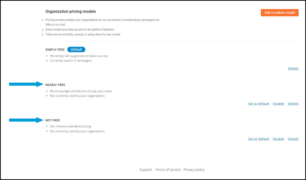 Screenshot of organization's 'Pricing models' menu. At the top is an intro, with the three pricing models listed (from top to bottom):
Simply Free
Nearly Free
Not Free
"Simply free" has 'default' beside it, and the only option is 'Details'.
Nearly Free and Not Free have "Set as default" and "Disable" as options to the right of the name.