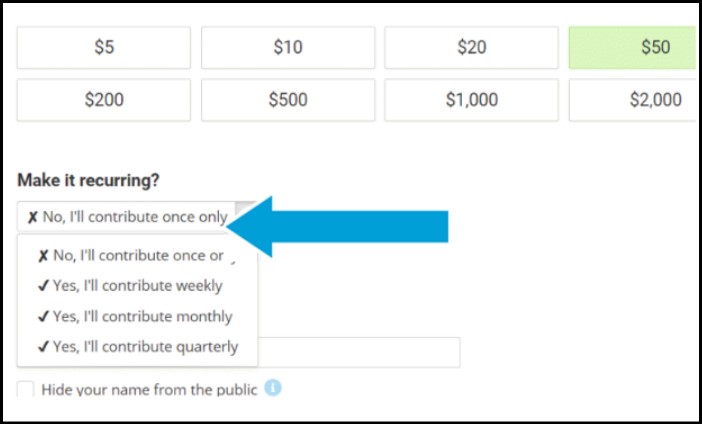 Screenshot of the main checkout screen, with recurring contributions highlighted and a blue arrow pointing to them. This option is under the default contribution amount list. 