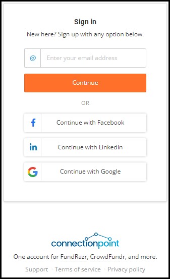 Screenshot of the Sign in menu on any ConnectionPoint platform. The first space is an area to write your email with a 'Continue' option directly under.