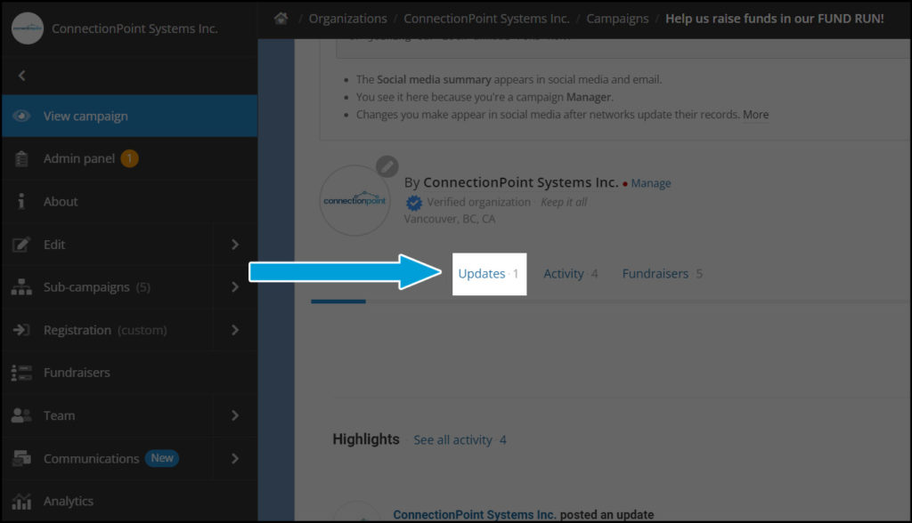 Screenshot of a campaign in editor view. In the Story tabs, the second tab, updates (1), is highlighted. The number coincides with how many updates there are.