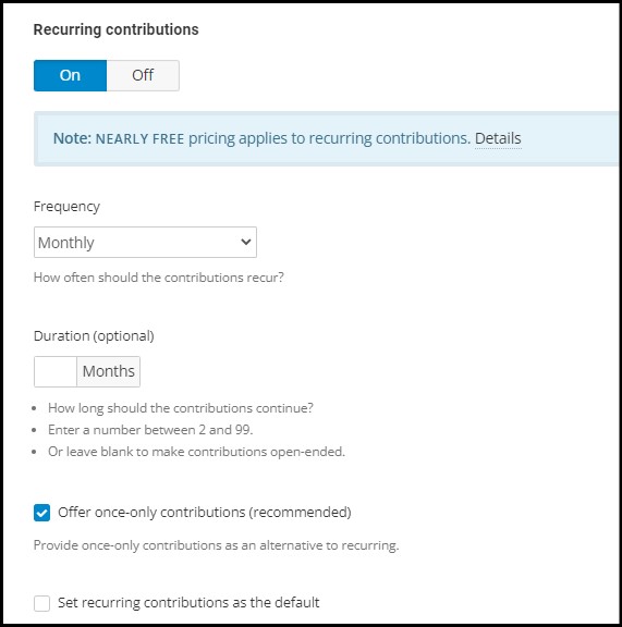 screenshot of recurring contributions popup
