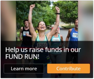 Screenshot of 300x250 web banner ad size. The campaign cover image (in this stock photo, a woman runner crossing the finish line with her arms raised and a large smile on her face). The campaign title appears in an overlay on the bottom, with two buttons under it: a black 'Learn more' and an orange 'Contribute' button. 