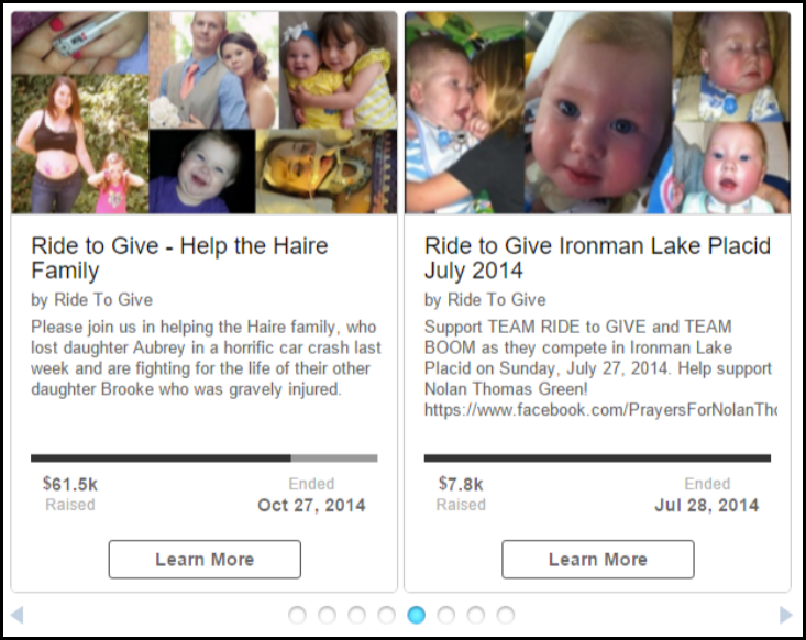 Screenshot of 300x450 campaign widgets side by side as would appear in a carousel. Under the two widgets is a navigation bar: a left arrow on the far left, a right arrow on the far right, and in the middle 5 circles: 2 white, 1 blue, two white. This indicates you can scroll through the carousel in the real widgets. 