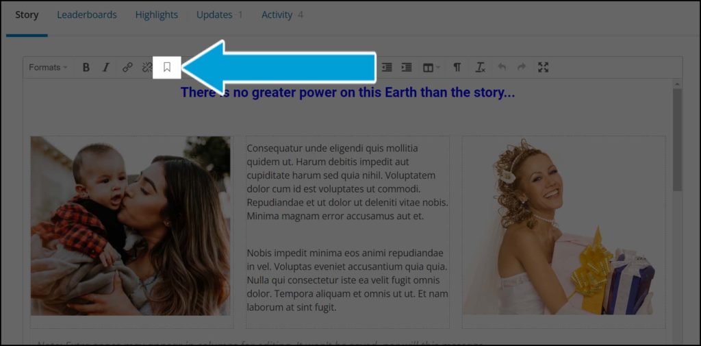 Screenshot of story editor with anchor icon highlighted