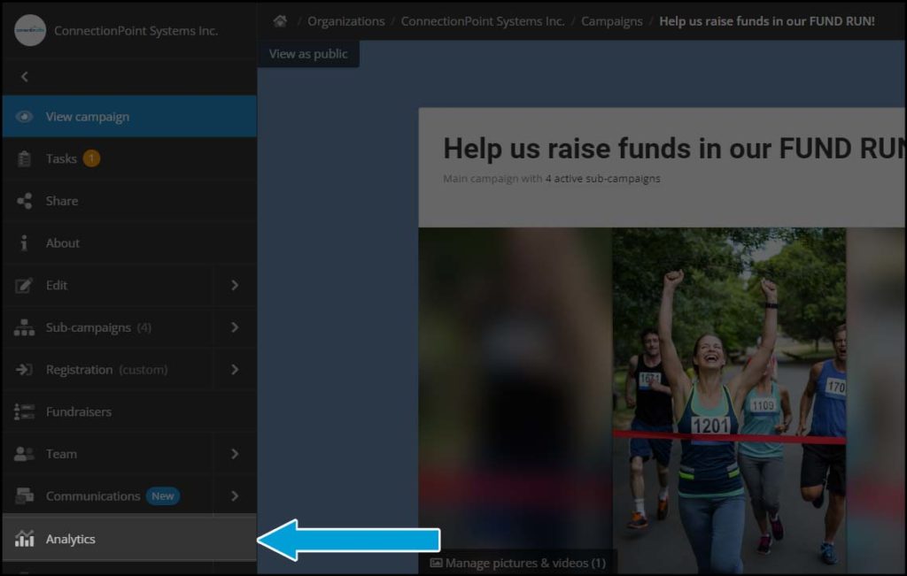 Screenshot of demo campaign in editor view. In the left sidebar panel, the eleventh option from the top, Analytics, is highlighted