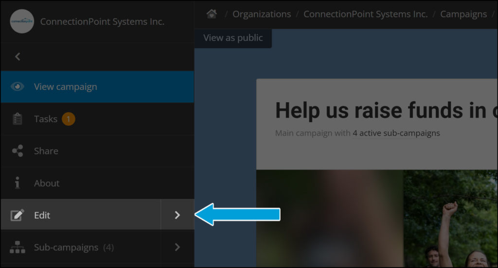 Screenshot of a campaign in editor view. In the left sidebar panel, the fifth option from the top, edit, is highlighted