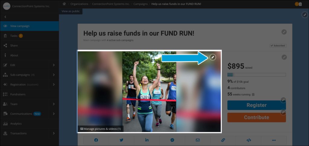 Screenshot of a campaign in editor view. The pencil icon in the upper right corner of the cover image is highlighted. The image is a stock photo of a woman celebrating crossing the finish line at a foot race