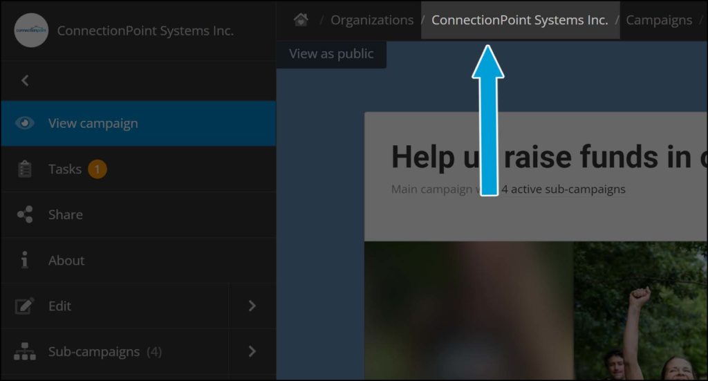 Screenshot of a campaign in administrative view (sidebar panel and breadcrumbs showing). A blue arrow points to the demo organization name (Connectionpoint Systems Inc) in the breadcrumbs bar.