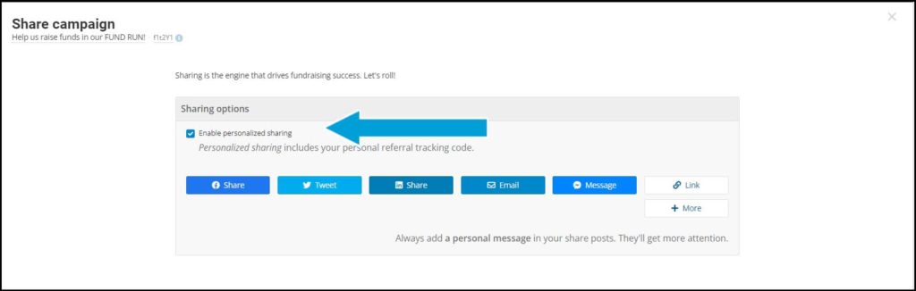 Screenshot of the 'Share campaign' window. The first option under 'Sharing options' is a checkbox labeled 'Enable personalized sharing' that is highlighted with a blue arrow pointing to it