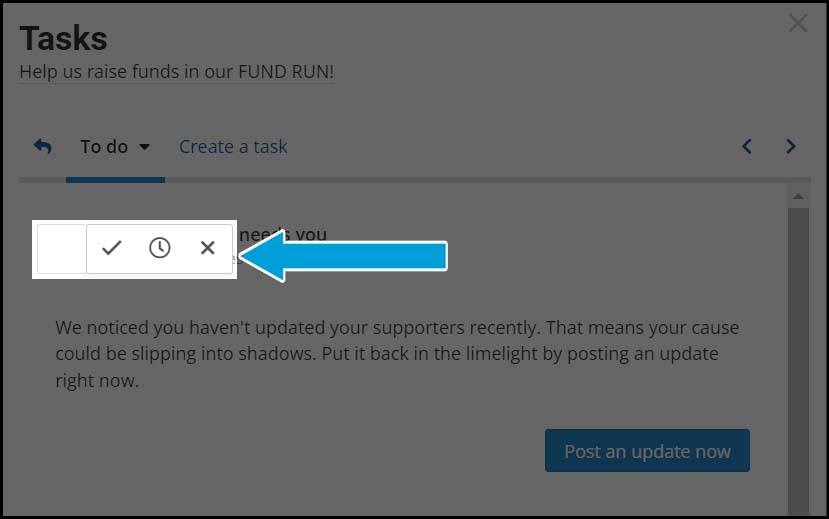 Screenshot of the popup that appears when a checkbox to the left of a task is clicked. There are three icons, left to right: a checkmark, a clock, and an 'x'