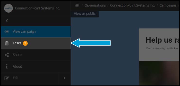 Screenshot of a campaign in editor view. The second option from the top of the left sidebar menu, Tasks, is highlighted with a blue arrow pointing to it.