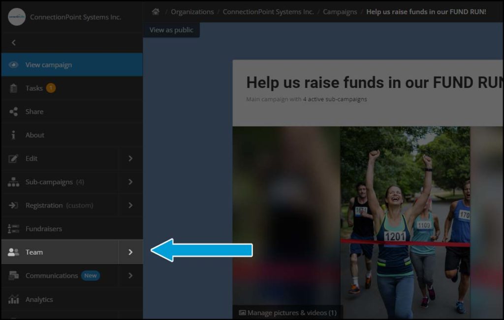 Screenshot of a campaign in editor view. In the left sidebar menu, the ninth option from the top, 'Team,' is highlighted
