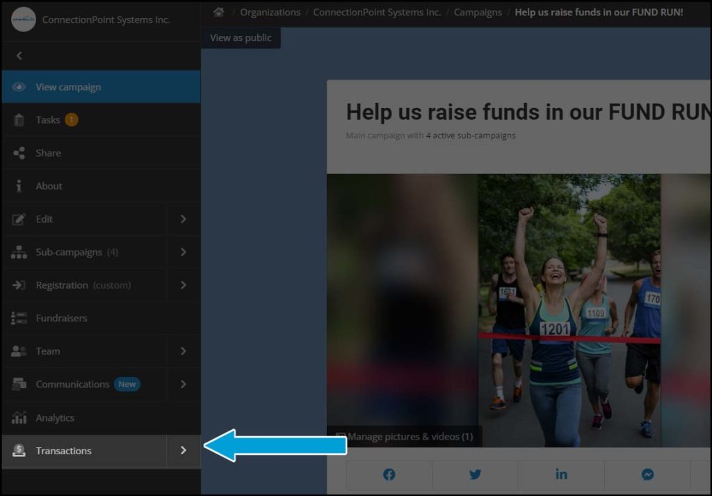 Screenshot of a campaign in editor view. In the left sidebar panel, the last option on the bottom, Transactions, is highlighted