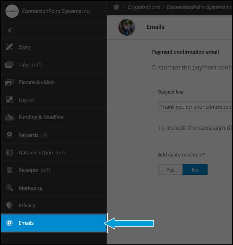 Screenshot of edit menu with 'emails' highlighted