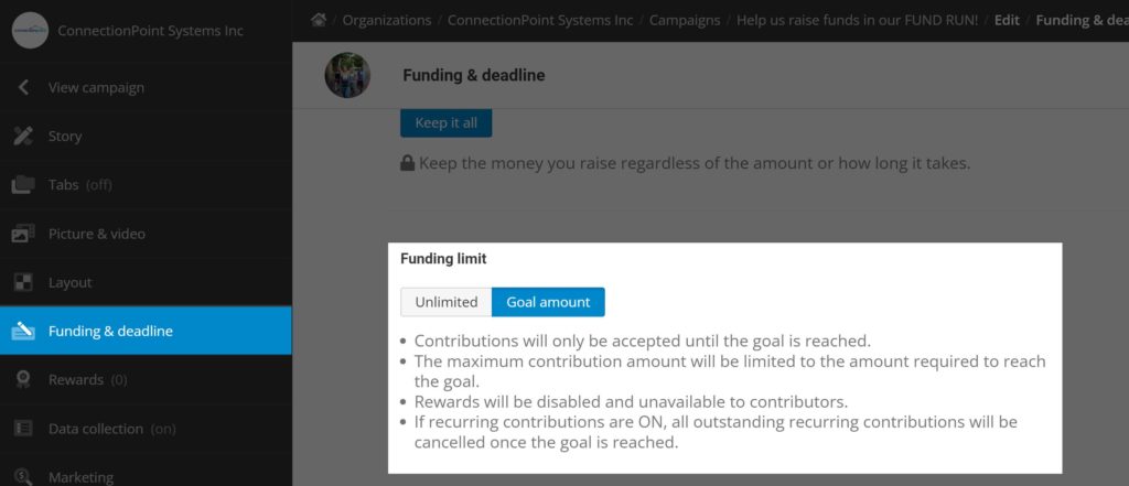 Screenshot of Funding & Deadline (sixth option from top in left sidebar menu). Main window says 'Funding limit' with a toggle between 'Unlimited' and 'Goal amount'