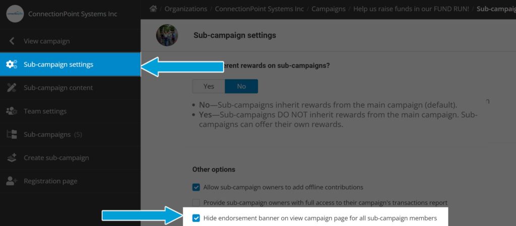Screenshot of Sub-campaigns menu. The second option from the top, Sub-campaign settings, is highlighted (this is the option it will open on). Under 'other options' is the option for 'hide endorsement banner on view campaign page for all sub-campaign members'