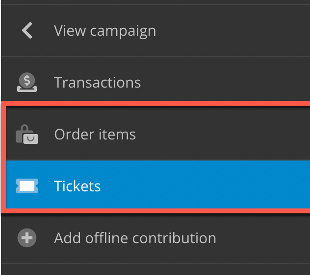 Screenshot of the Transactions menu with Order items and Tickets highlighted