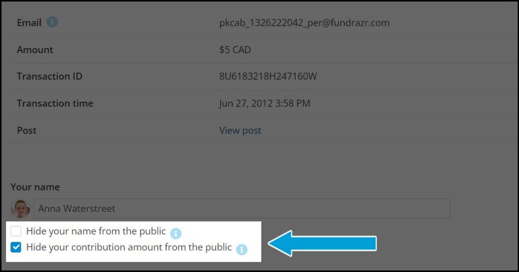 A screenshot of contribution details when 'View and edit details' is clicked. Under the line 'Your name' is a section highlighted with two lines:
1. Hide your name from the public.
2. Hide your contribution amount from the public.
These lines each have checkboxes to their left. This is how you would edit whether or not your contribution is anonymous public-facing.
