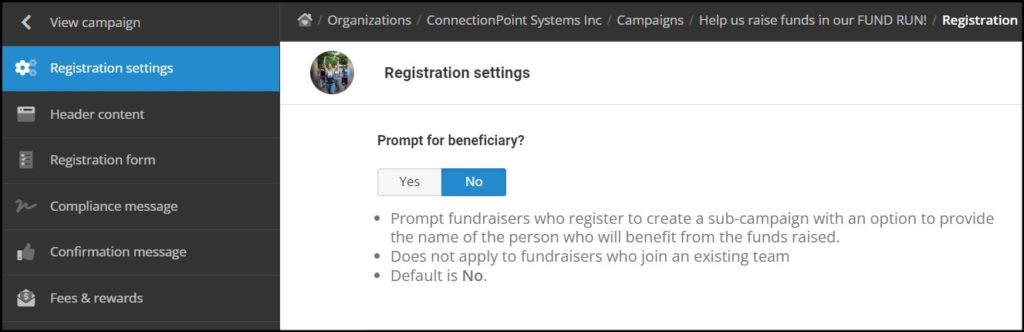 Screenshot of Registration settings (first setting). Prompt for beneficiary is highlighted in the main window