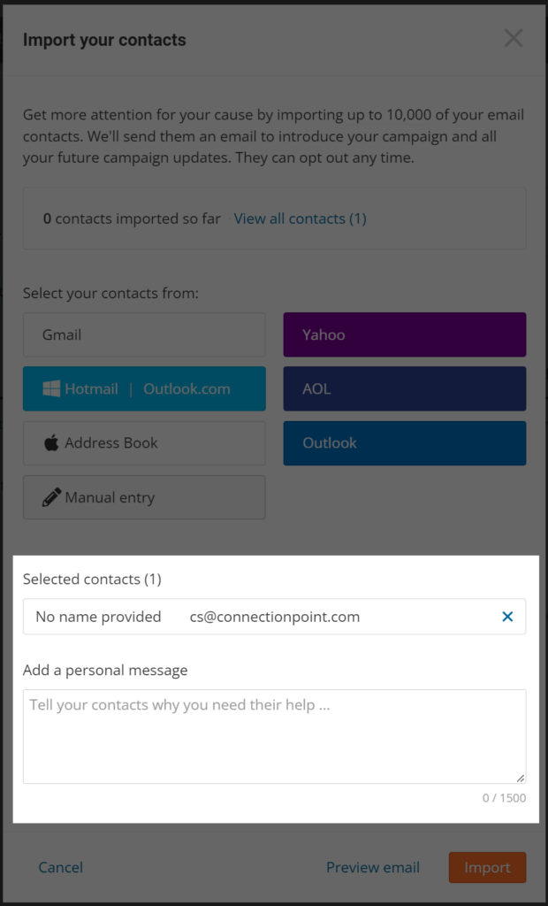 Screenshot of Import Contacts popup. A contact has been added, and a box now appears that says 'Select Contacts (1)' and 'Add a personal message" with a box for adding a message