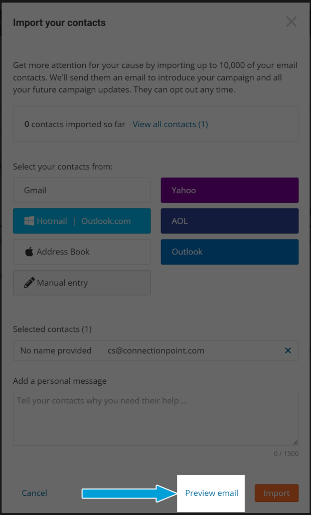 Screenshot of Import Contacts menu with the 'Preview email' button on the bottom highlighted