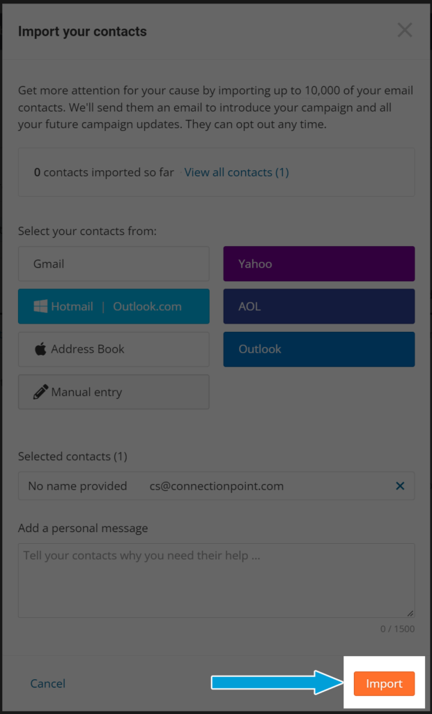 Screenshot of Import Contacts popup with the 'import' button on the bottom highlighted
