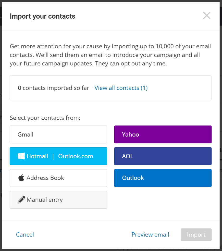 Screenshot of Import Contacts popup. The options are Gmail, Hotmail/Outlook.com, Apple address book, Yahoo, AOL, Outlook App.

On the bottom are options to Cancel, Preview email, and Import