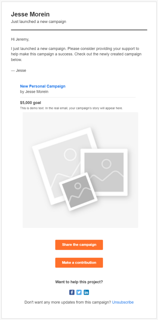 Screenshot of the email sent notifying past supporters of a user's new campaign