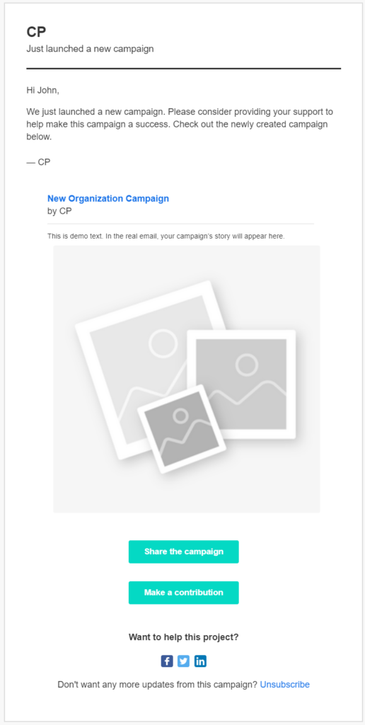 Screenshot of the email notifying past supporters of an organization's new campaign