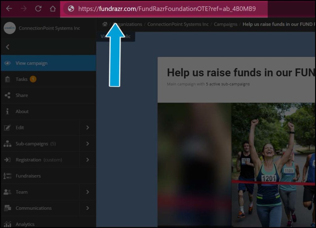 Screenshot of a campaign with the url highlighted in the address bar, indicating one place to find the campaign link