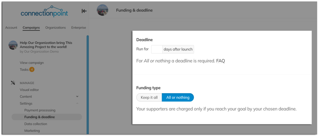 Screenshot of the Funding & deadline menu, highlighting how to set the campaign run-time (for an all-or-nothing campaign)
