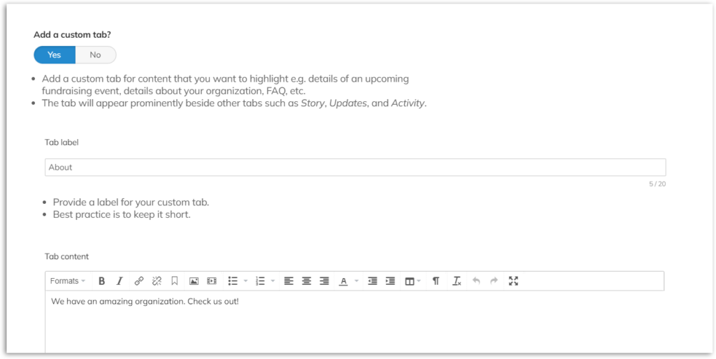 Screenshot of the 'Add a custom tab?' story section. Clicking 'yes' opens the tab label and content sections.