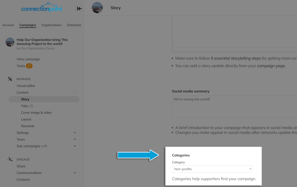 Screenshot of campaign Content and Story menu, showing where to change a campaign category