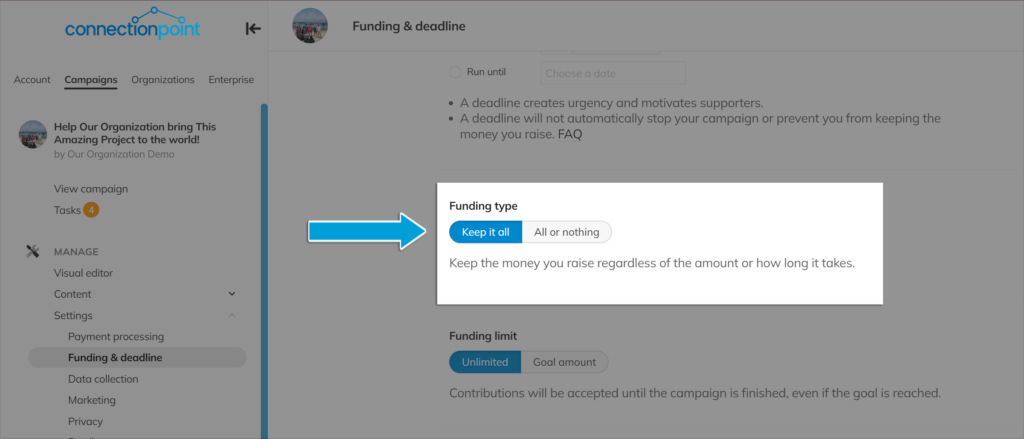 Change campaign types under the "Funding type" section of the Funding & deadline menu.