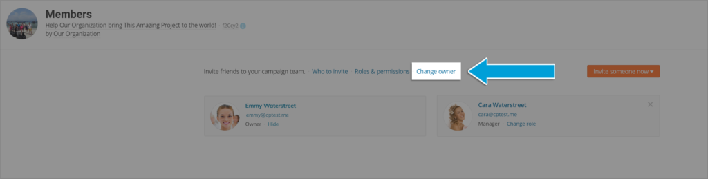 Screenshot highlighting 'Change owner' option for changing a team member role