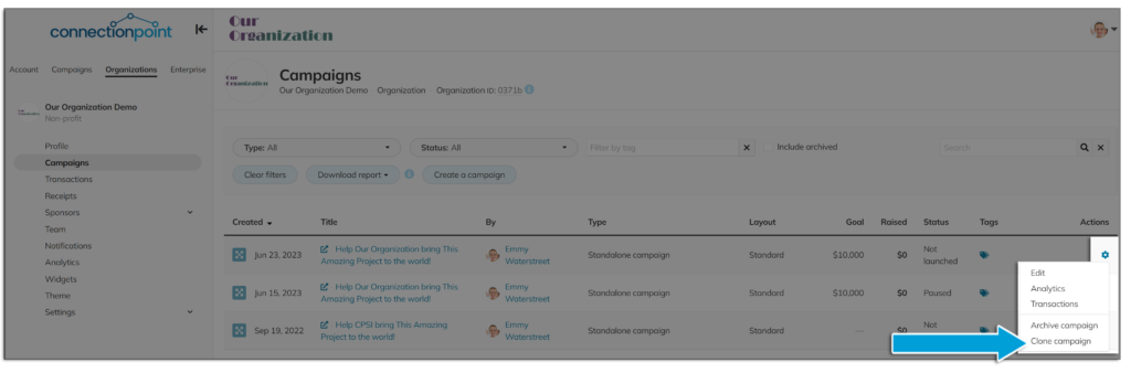 Screenshot of an organization's campaign list, showing the option to clone a campaign under the 'Actions' menu
