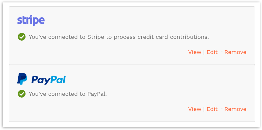 screenshot of connect Stripe and Paypal accounts, showing the green 'connect' checkmark when done correctly