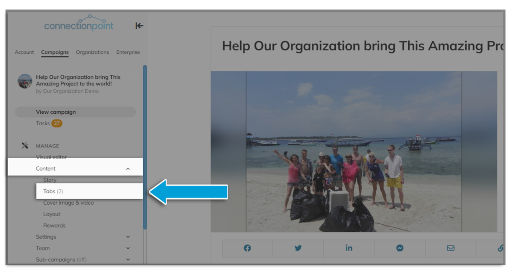 Screenshot of demo campaign, highlighting 'Content'-->'Tabs' in the navigation menu, for how to add extra campaign story tabs