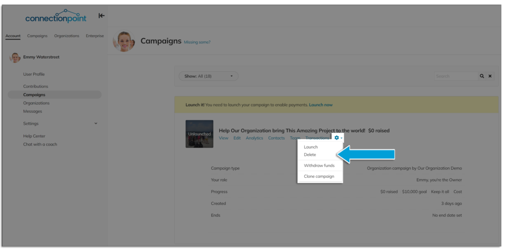Screenshot showing where you can delete a campaign