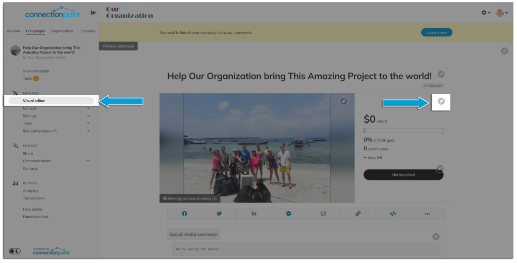 Screenshot of a campaign in visual editor view, highlight the edit pencil that brings the user to the proper Funding & deadline menu