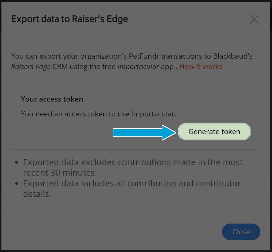 Screenshot of popup to export data to Raiser's Edge, highlight the button 'Generate token'