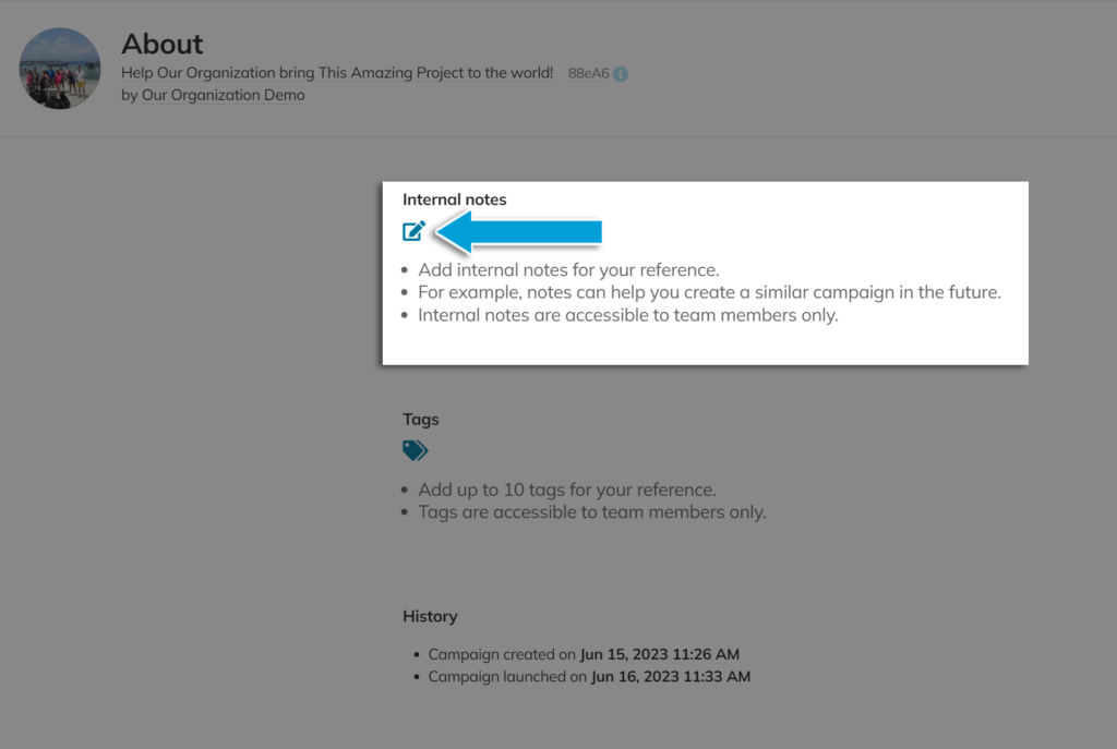 Screenshot of internal notes section, showing where to add campaign notes