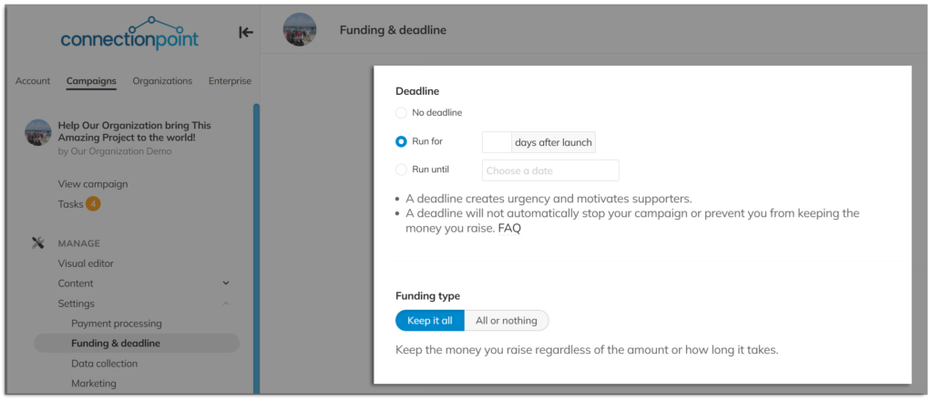 Screenshot of the Funding & deadline menu, highlighting how to choose the deadline (for a Keep it all campaign)