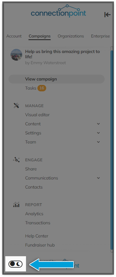 Screenshot of navigation menu highlighting the dark/light mode option on the bottom left